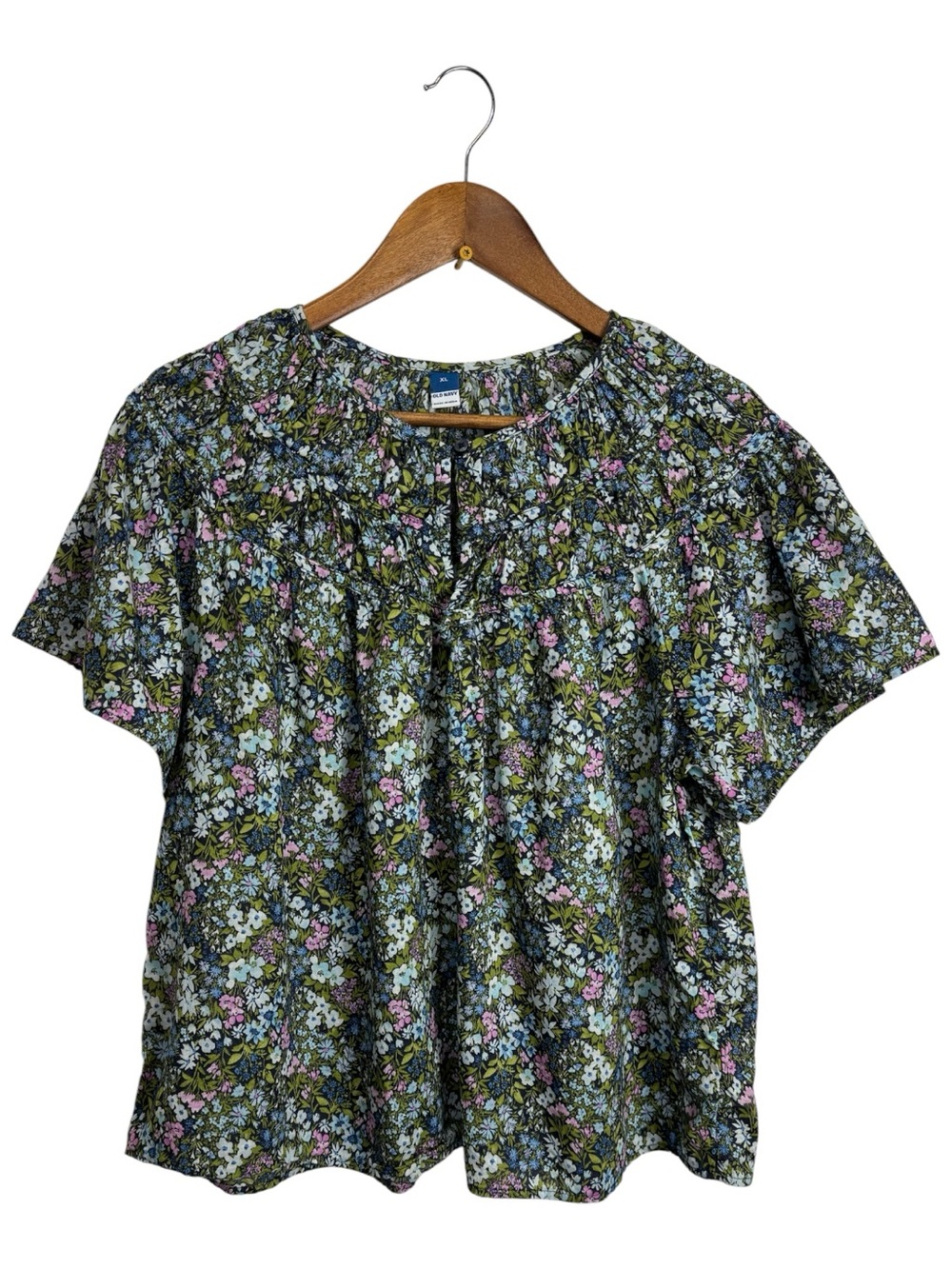Old Navy Green Floral Short-Sleeve Peasant Blouse